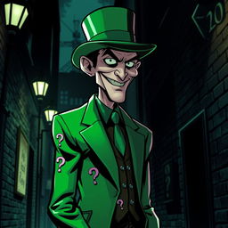 A highly stylized interpretation of the Riddler character from the DC Comics universe, featuring a tall, slender man wearing a vibrant green suit adorned with question marks