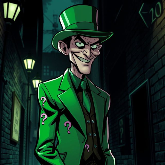 A highly stylized interpretation of the Riddler character from the DC Comics universe, featuring a tall, slender man wearing a vibrant green suit adorned with question marks