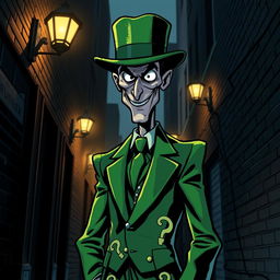 A highly stylized interpretation of the Riddler character from the DC Comics universe, featuring a tall, slender man wearing a vibrant green suit adorned with question marks