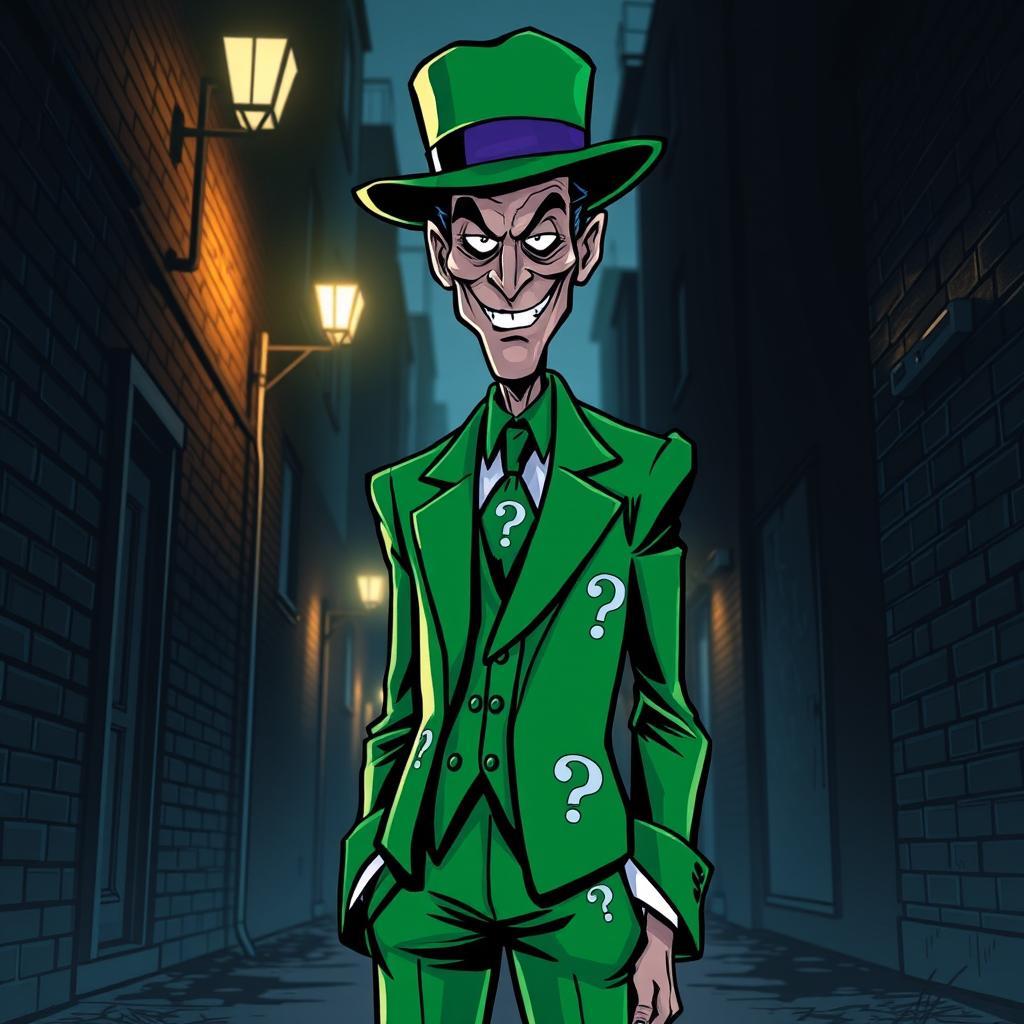 A highly stylized interpretation of the Riddler character from the DC Comics universe, featuring a tall, slender man wearing a vibrant green suit adorned with question marks