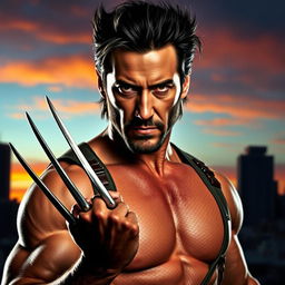 A striking portrait of Keanu Reeves styled as Wolverine, showcasing his iconic long claws and rugged costume, with tousled dark hair and intense expression
