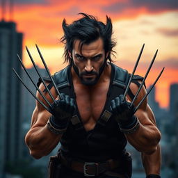 A striking portrait of Keanu Reeves styled as Wolverine, showcasing his iconic long claws and rugged costume, with tousled dark hair and intense expression
