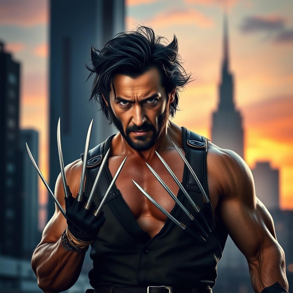 A striking portrait of Keanu Reeves styled as Wolverine, showcasing his iconic long claws and rugged costume, with tousled dark hair and intense expression