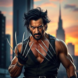 A striking portrait of Keanu Reeves styled as Wolverine, showcasing his iconic long claws and rugged costume, with tousled dark hair and intense expression