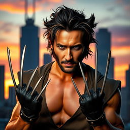 A striking portrait of Keanu Reeves styled as Wolverine, showcasing his iconic long claws and rugged costume, with tousled dark hair and intense expression