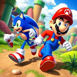 A dynamic crossover scene featuring Sonic the Hedgehog and Mario engaged in an epic race through a vibrant fantasy landscape