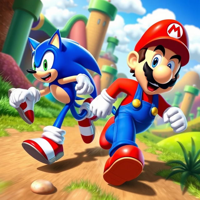 A dynamic crossover scene featuring Sonic the Hedgehog and Mario engaged in an epic race through a vibrant fantasy landscape