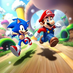 A dynamic crossover scene featuring Sonic the Hedgehog and Mario engaged in an epic race through a vibrant fantasy landscape