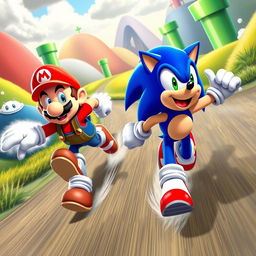 A dynamic crossover scene featuring Sonic the Hedgehog and Mario engaged in an epic race through a vibrant fantasy landscape