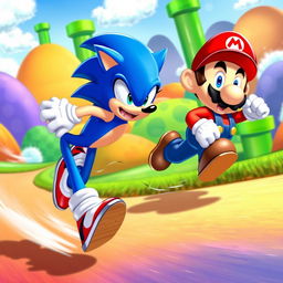 A dynamic crossover scene featuring Sonic the Hedgehog and Mario engaged in an epic race through a vibrant fantasy landscape