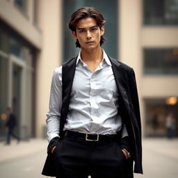A character standing confidently from the front view, wearing a crisp white shirt tucked into tailored black trousers, along with a stylish black jacket