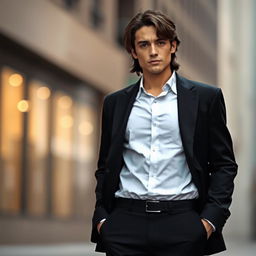 A character standing confidently from the front view, wearing a crisp white shirt tucked into tailored black trousers, along with a stylish black jacket