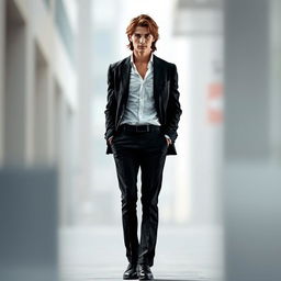 A character standing confidently from the front view, wearing a crisp white shirt tucked into tailored black trousers, along with a stylish black jacket