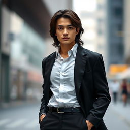 A character standing confidently from the front view, wearing a crisp white shirt tucked into tailored black trousers, along with a stylish black jacket