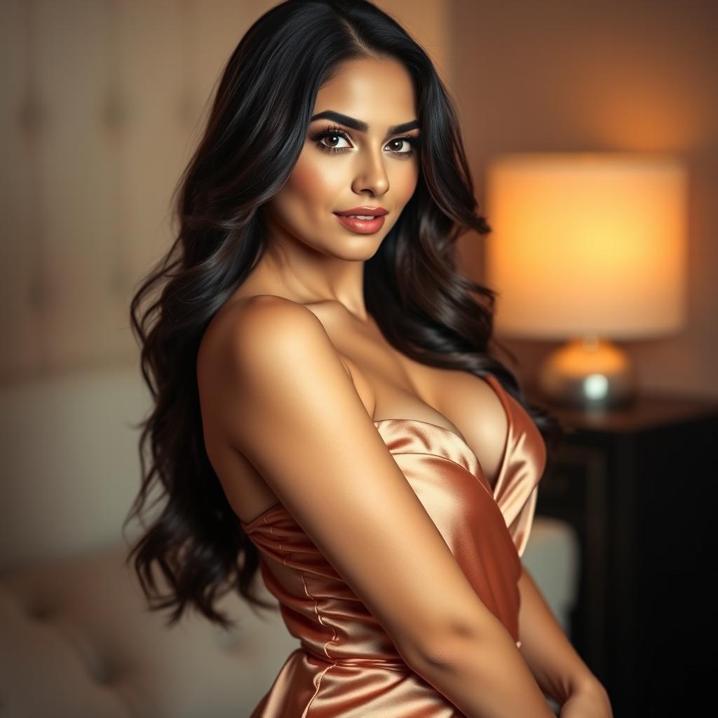 A beautiful 30-year-old brunette woman, featuring a voluptuous bust, elegantly dressed in a lustrous satin outfit that highlights her curves