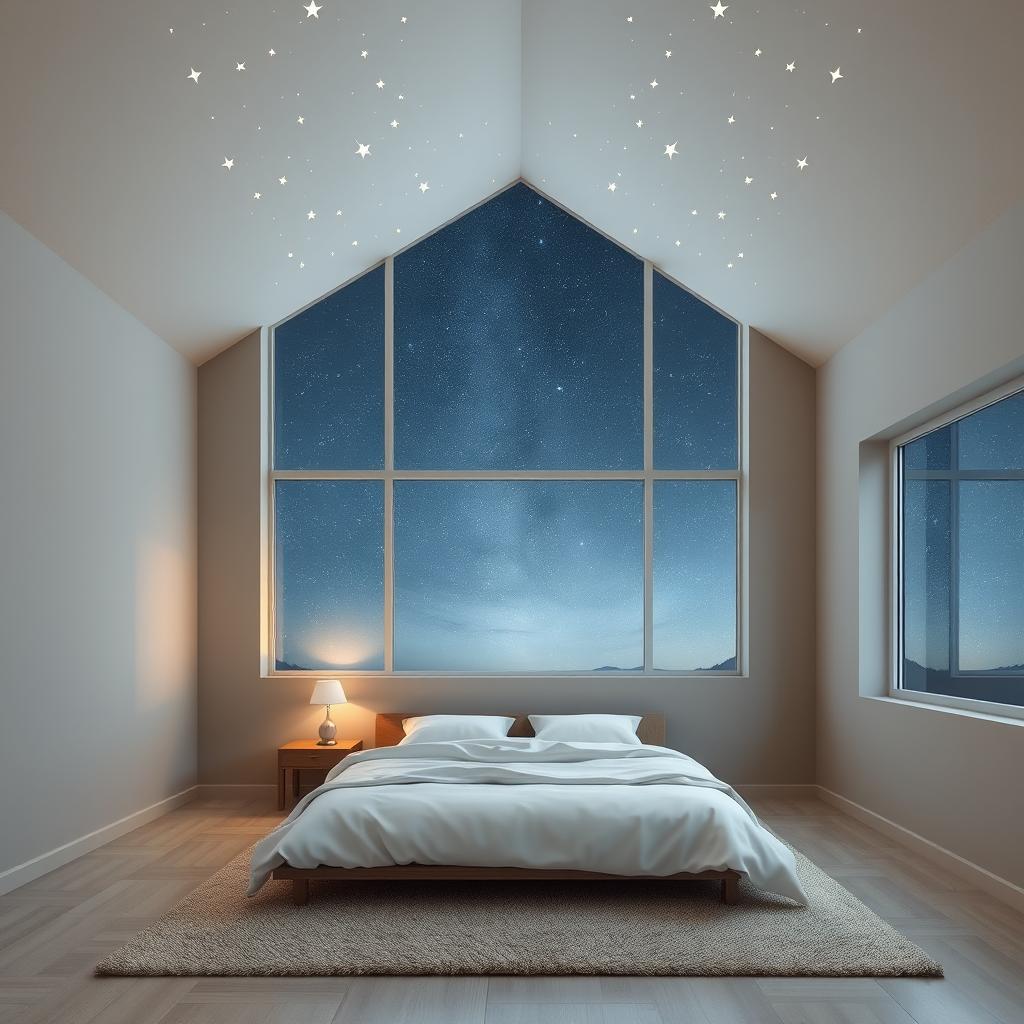 A serene star room designed in a minimalist style, featuring a sleek and simple layout