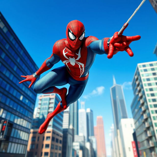 A dynamic action scene featuring a superhero with spider-like abilities swinging through a bustling urban environment