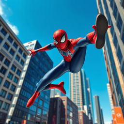 A dynamic action scene featuring a superhero with spider-like abilities swinging through a bustling urban environment