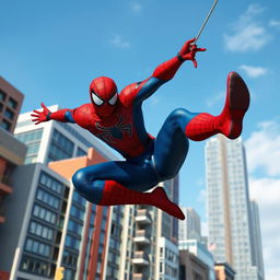 A dynamic action scene featuring a superhero with spider-like abilities swinging through a bustling urban environment
