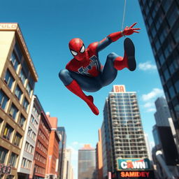 A dynamic action scene featuring a superhero with spider-like abilities swinging through a bustling urban environment