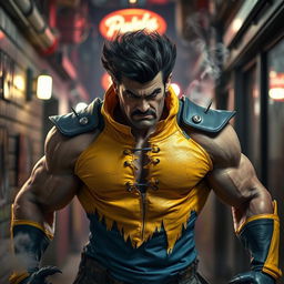 A fierce and muscular man with distinctive retractable claws, rugged facial features, and wild dark hair