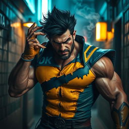 A fierce and muscular man with distinctive retractable claws, rugged facial features, and wild dark hair