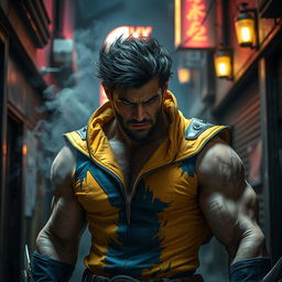 A fierce and muscular man with distinctive retractable claws, rugged facial features, and wild dark hair