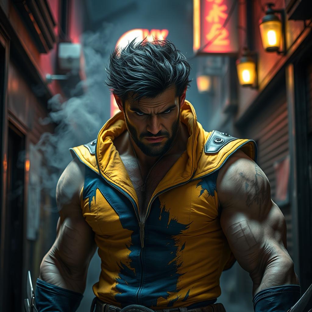 A fierce and muscular man with distinctive retractable claws, rugged facial features, and wild dark hair