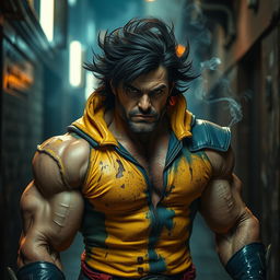 A fierce and muscular man with distinctive retractable claws, rugged facial features, and wild dark hair