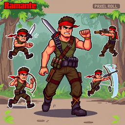 A character design inspired by Rambo, depicted in pixel art style