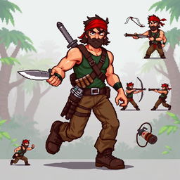 A character design inspired by Rambo, depicted in pixel art style
