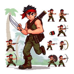 A character design inspired by Rambo, depicted in pixel art style