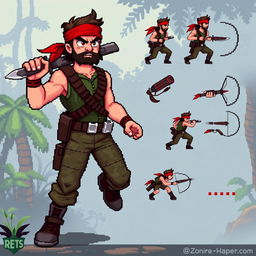 A character design inspired by Rambo, depicted in pixel art style