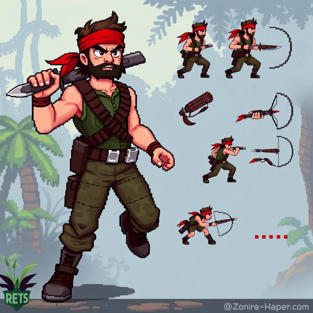 A character design inspired by Rambo, depicted in pixel art style
