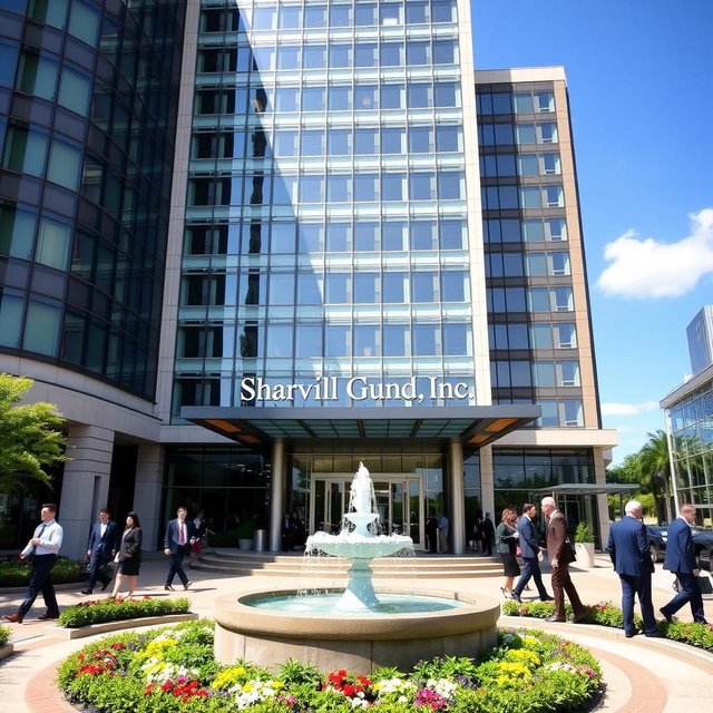 A large corporate building with modern architecture, featuring tall glass windows and an impressive entrance