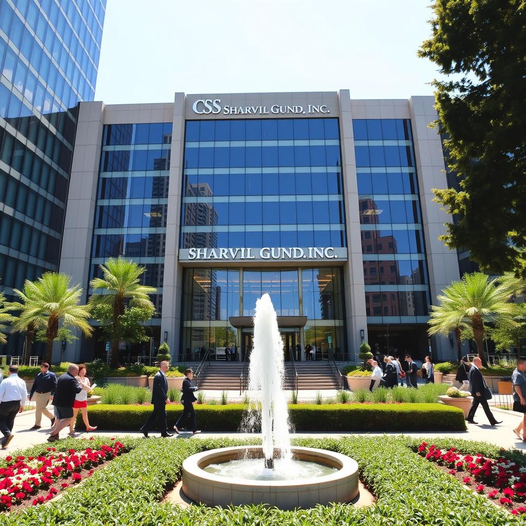 A large corporate building with modern architecture, featuring tall glass windows and an impressive entrance