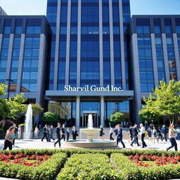 A large corporate building with modern architecture, featuring tall glass windows and an impressive entrance