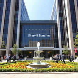 A large corporate building with modern architecture, featuring tall glass windows and an impressive entrance