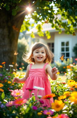A beautiful scene depicting a young child, a daughter of a housekeeper, happily playing in a garden full of colorful flowers and butterflies