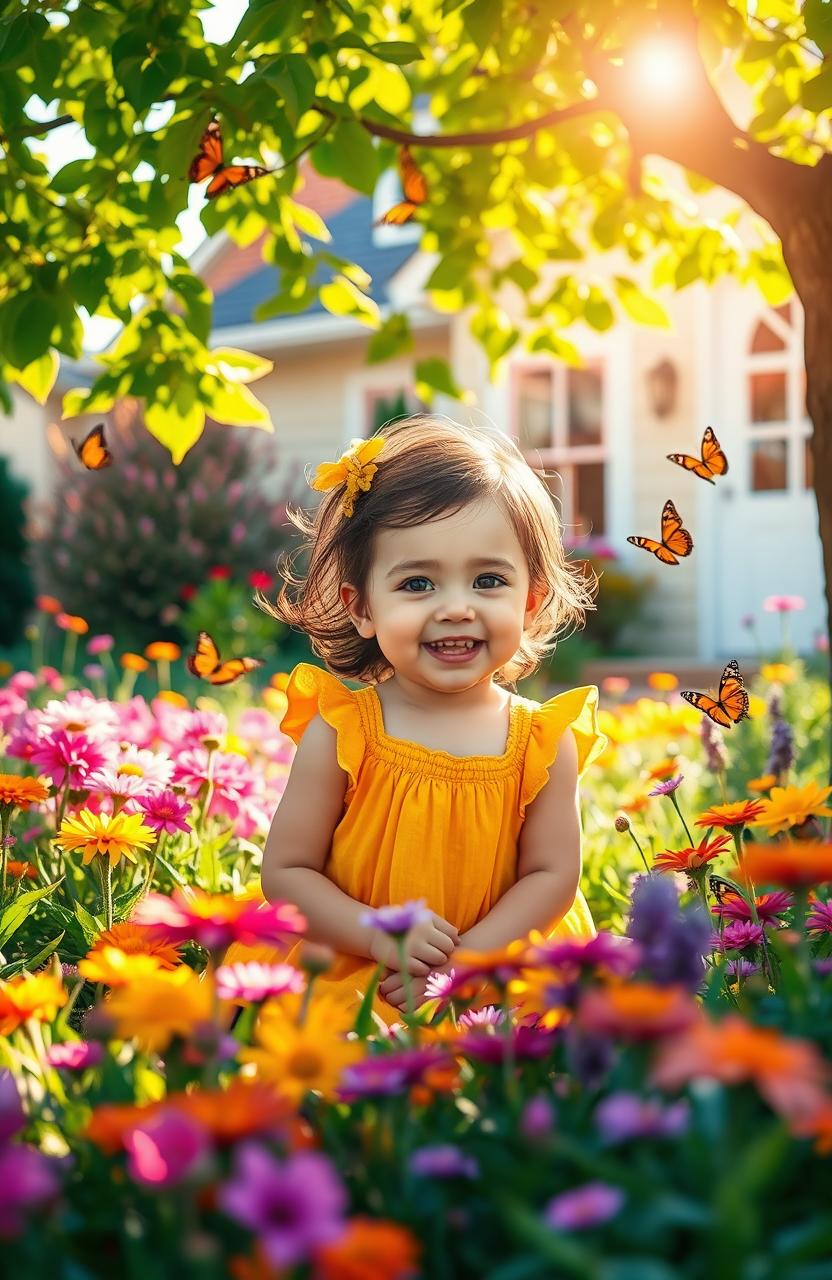 A beautiful scene depicting a young child, a daughter of a housekeeper, happily playing in a garden full of colorful flowers and butterflies