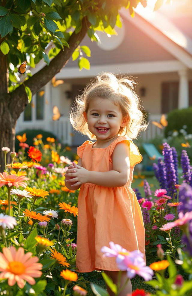 A beautiful scene depicting a young child, a daughter of a housekeeper, happily playing in a garden full of colorful flowers and butterflies