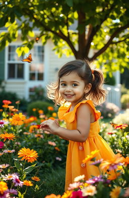 A beautiful scene depicting a young child, a daughter of a housekeeper, happily playing in a garden full of colorful flowers and butterflies