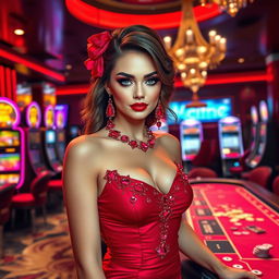 A glamorous casino-themed girl, with vibrant red ruby accents in her outfit, elegantly designed for high rollers