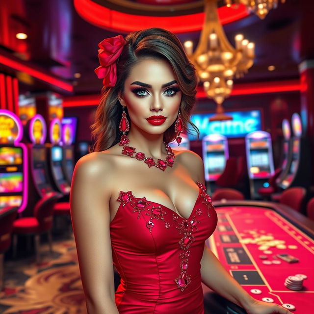 A glamorous casino-themed girl, with vibrant red ruby accents in her outfit, elegantly designed for high rollers