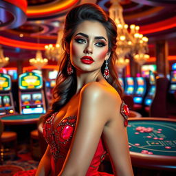 A glamorous casino-themed girl, with vibrant red ruby accents in her outfit, elegantly designed for high rollers