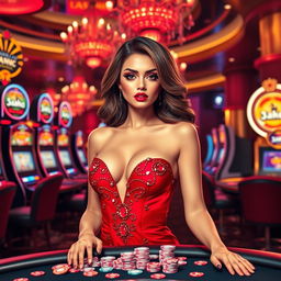A glamorous casino-themed girl, with vibrant red ruby accents in her outfit, elegantly designed for high rollers