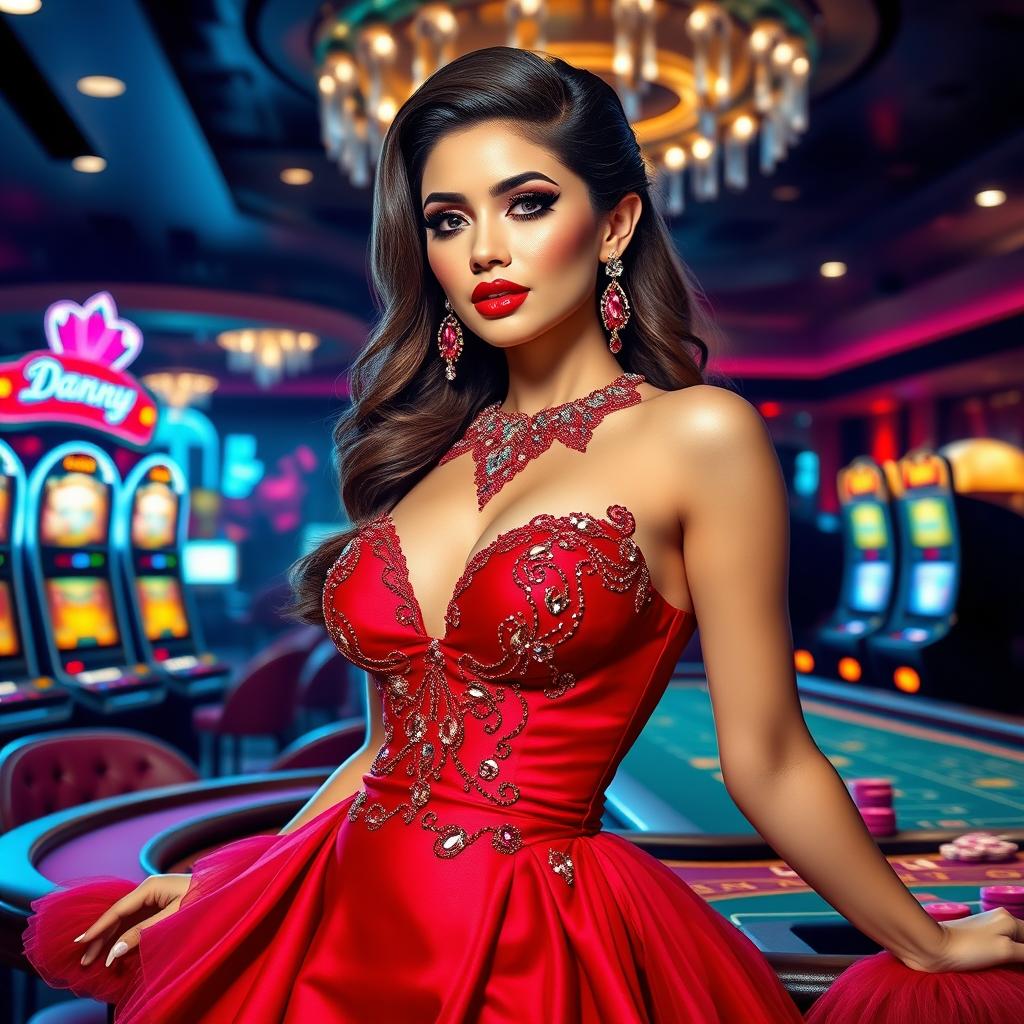 A glamorous casino-themed girl, with vibrant red ruby accents in her outfit, elegantly designed for high rollers