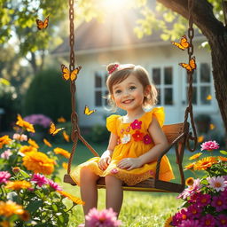 A heartwarming scene of a beloved young girl, the daughter of a housekeeper, sitting on a swing in a lush garden