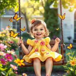 A heartwarming scene of a beloved young girl, the daughter of a housekeeper, sitting on a swing in a lush garden