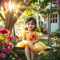 A heartwarming scene of a beloved young girl, the daughter of a housekeeper, sitting on a swing in a lush garden